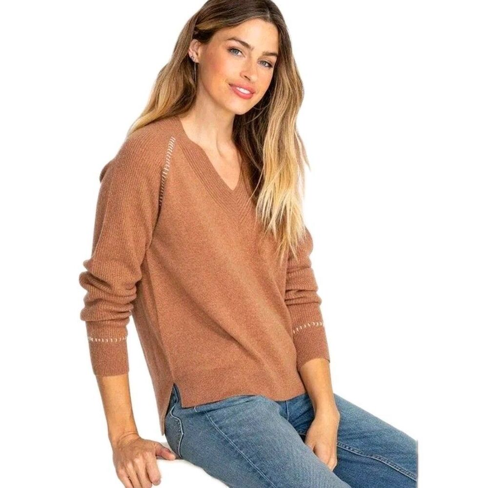Johnny Was Textured Sally V-Neck Cashmere Whipstith Sweater Toffee Size Medium M